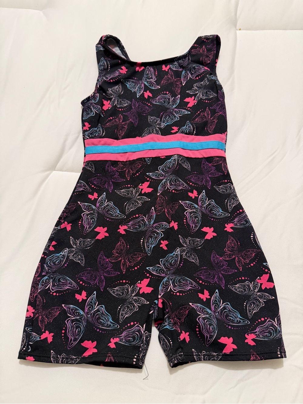 Danskin Black Leotard with Pink & Blue Waistband and Butterfly Print